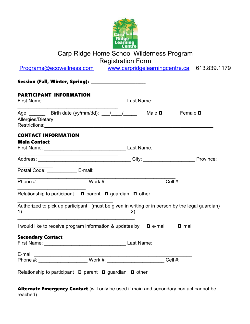 Earthlore Wilderness Camps Registration Form