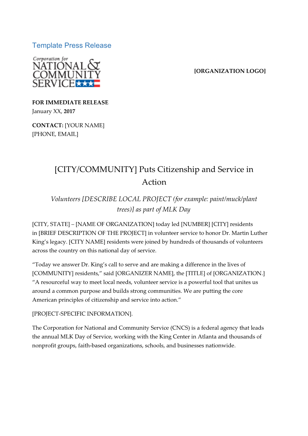 2016 MLK Day of Service Sample Press Release