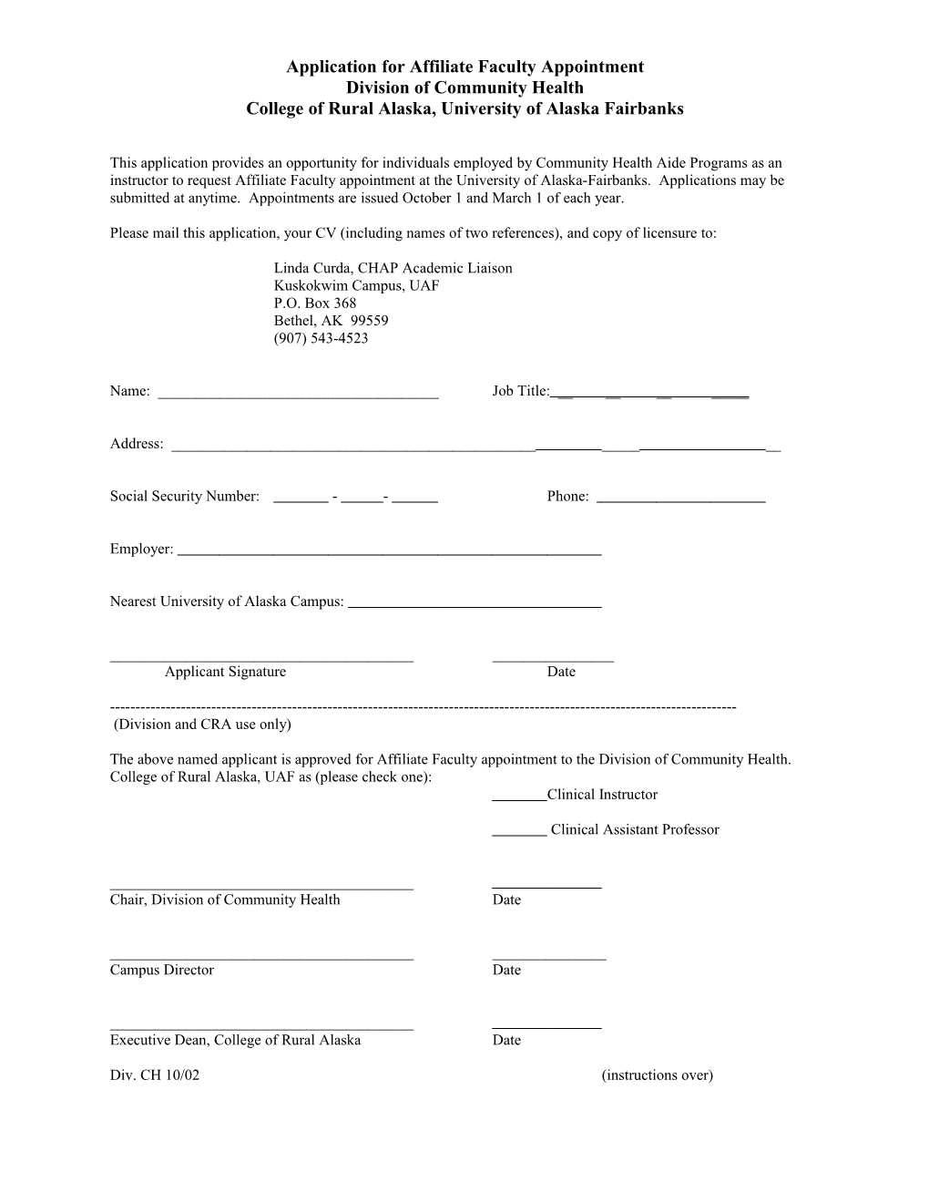 Application for Affiliate Faculty Appointment