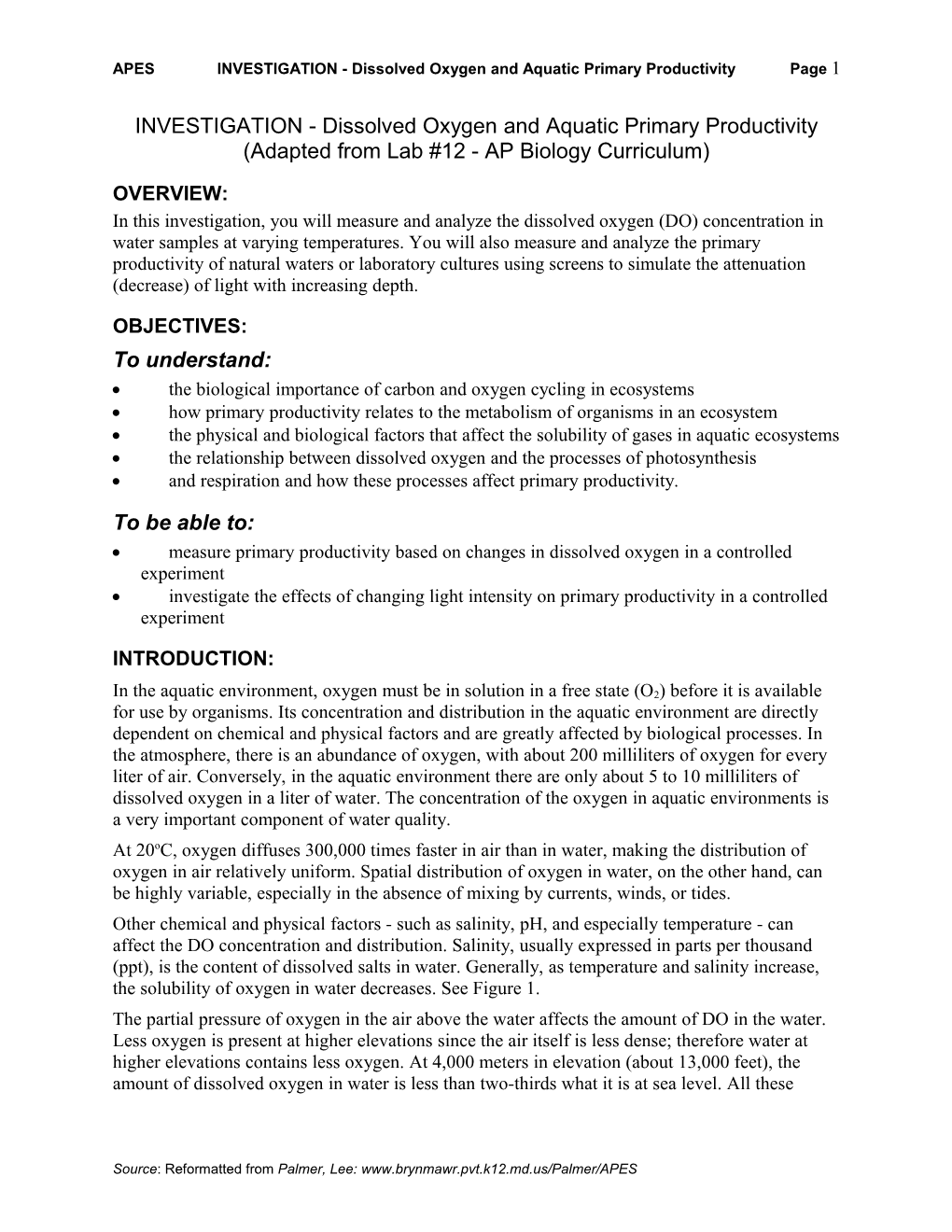 INVESTIGATION - Dissolved Oxygen and Aquatic Primary Productivity