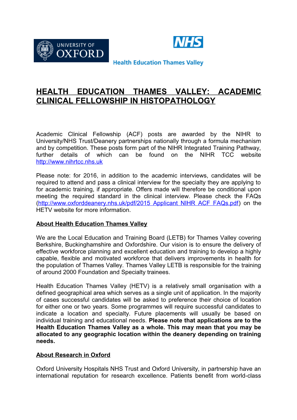 Oxford Deanery Specialty Training Programme in Histopathology