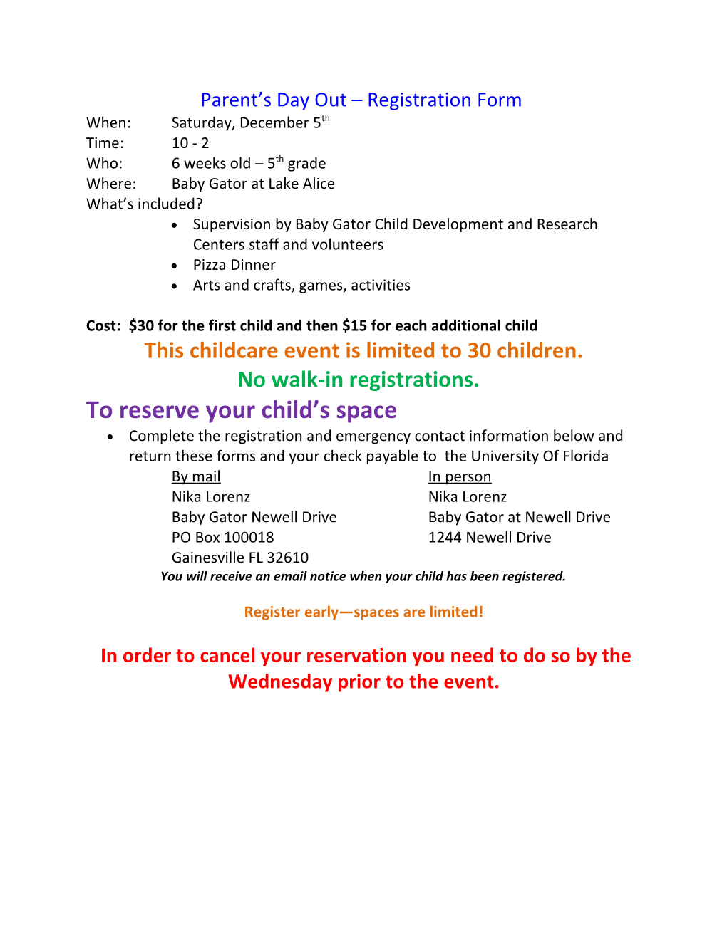 Parent S Day out Registration Form