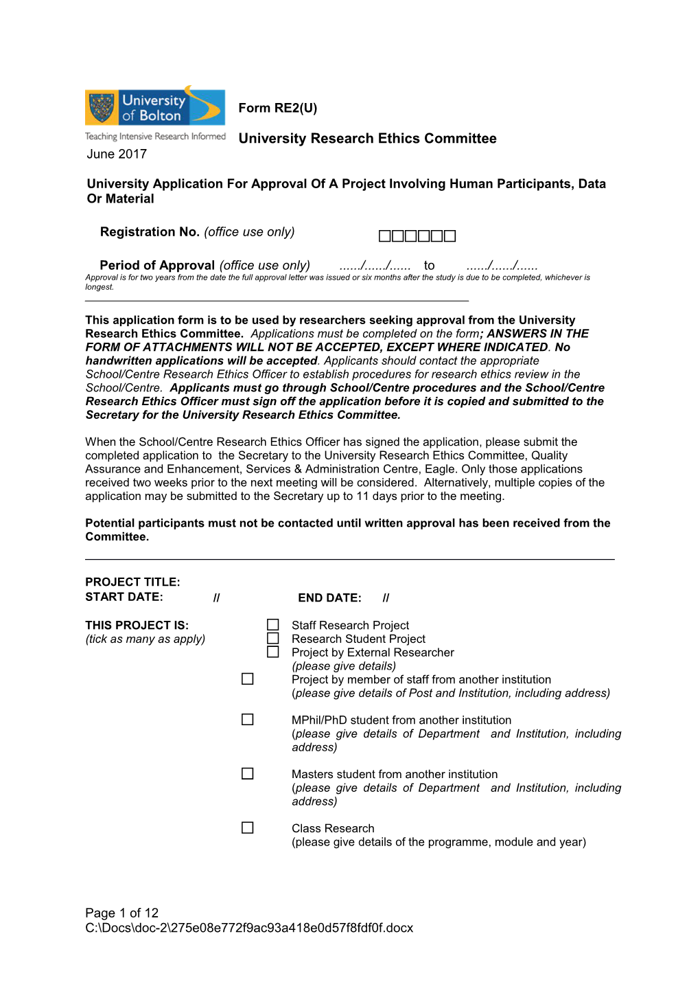 RE2(U) University Application for Ethics Approval Jun 2017