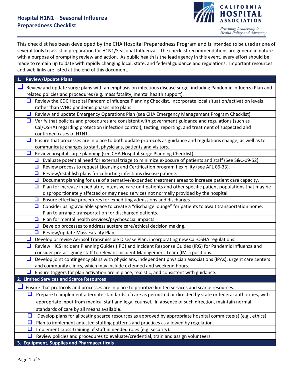 H1N1 /Seasonal Influenza Preparedness for Hospitals