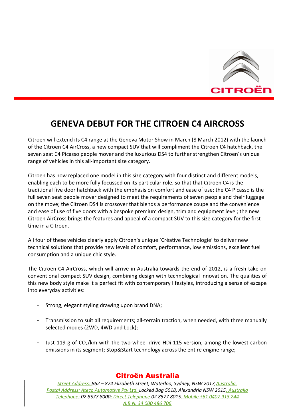 Geneva Debut for the Citroen C4 Aircross