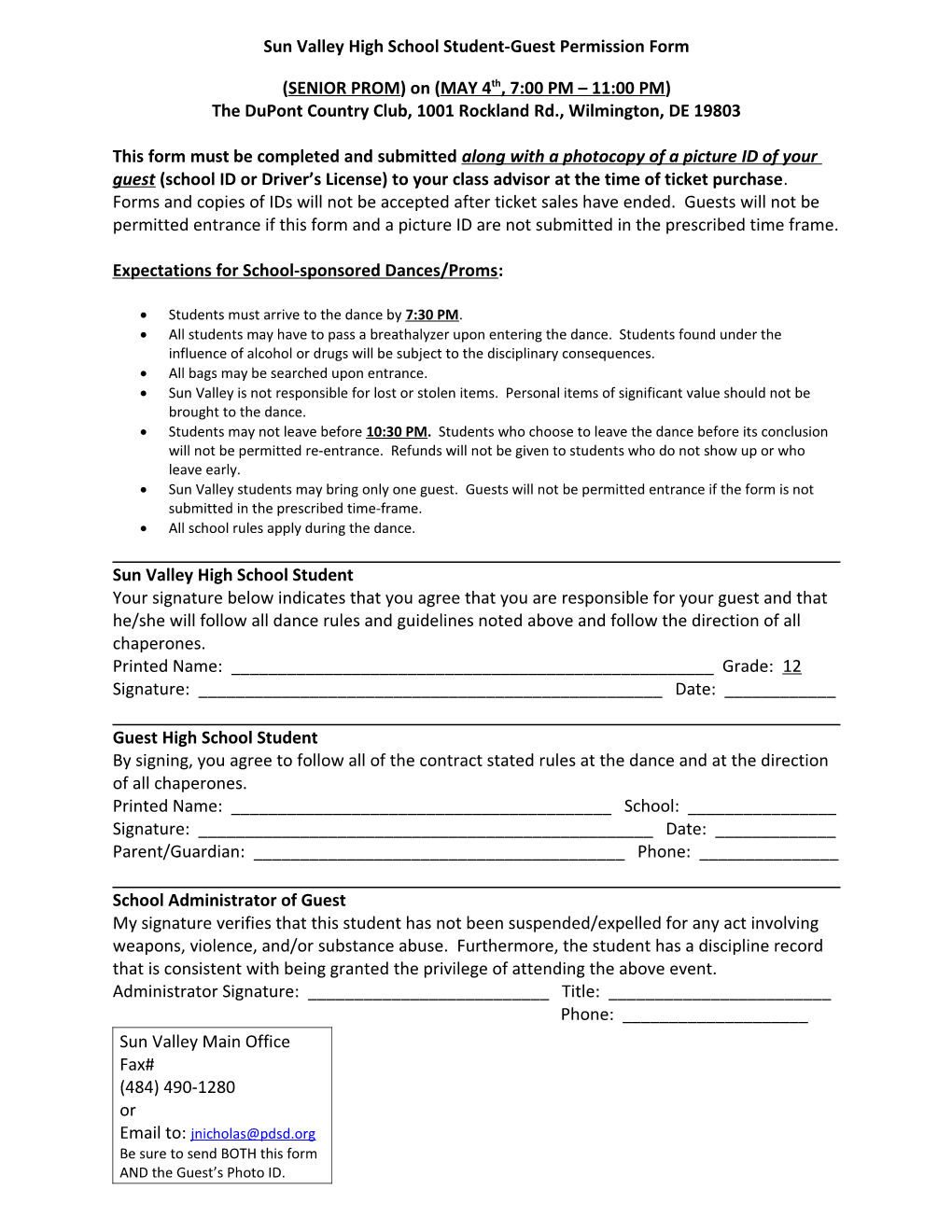 Sun Valley High School Student-Guest Permission Form