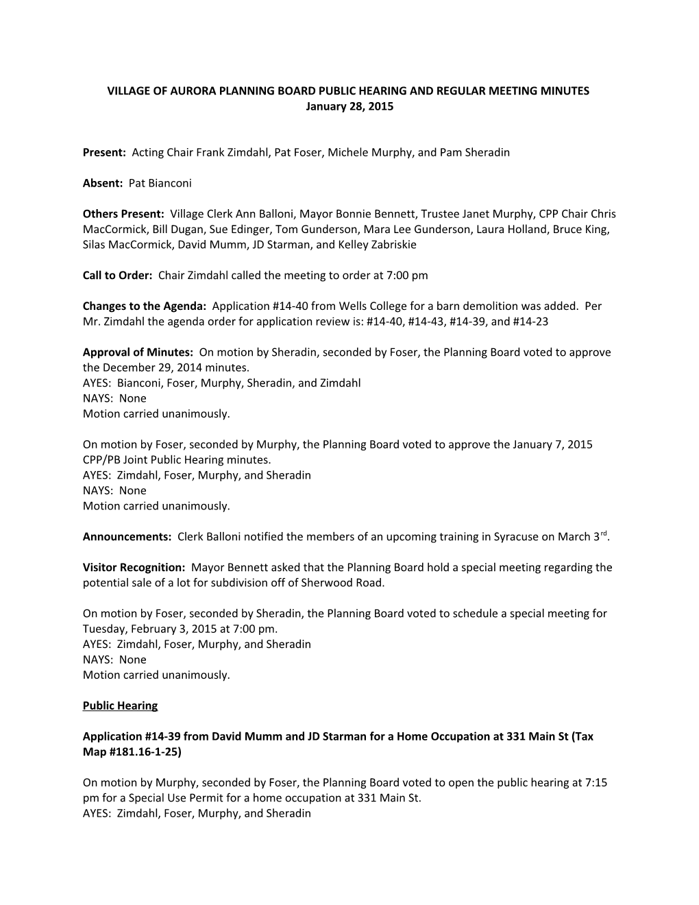 Village of Aurora Planning Board Public Hearing and Regular Meeting Minutes
