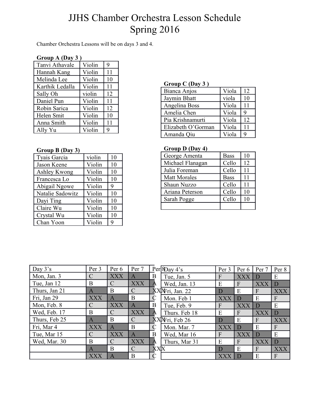 JJHS Chamber Orchestra Lesson Schedule