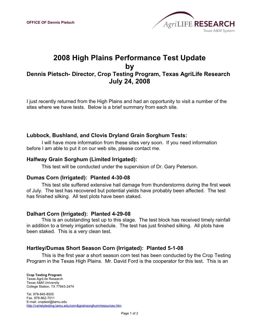 2008 High Plains Performance Test Update