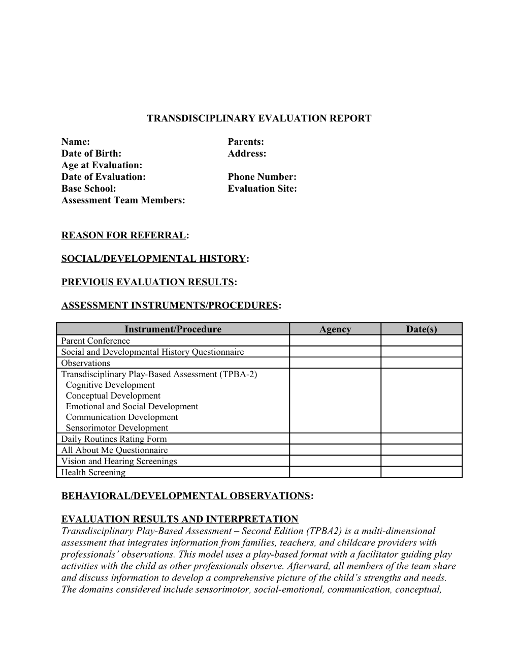 Transdisciplinary Evaluation Report