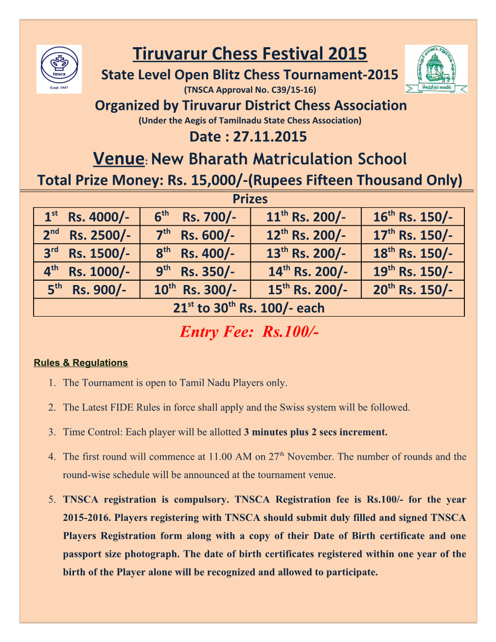 State Level Open Blitz Chess Tournament-2015