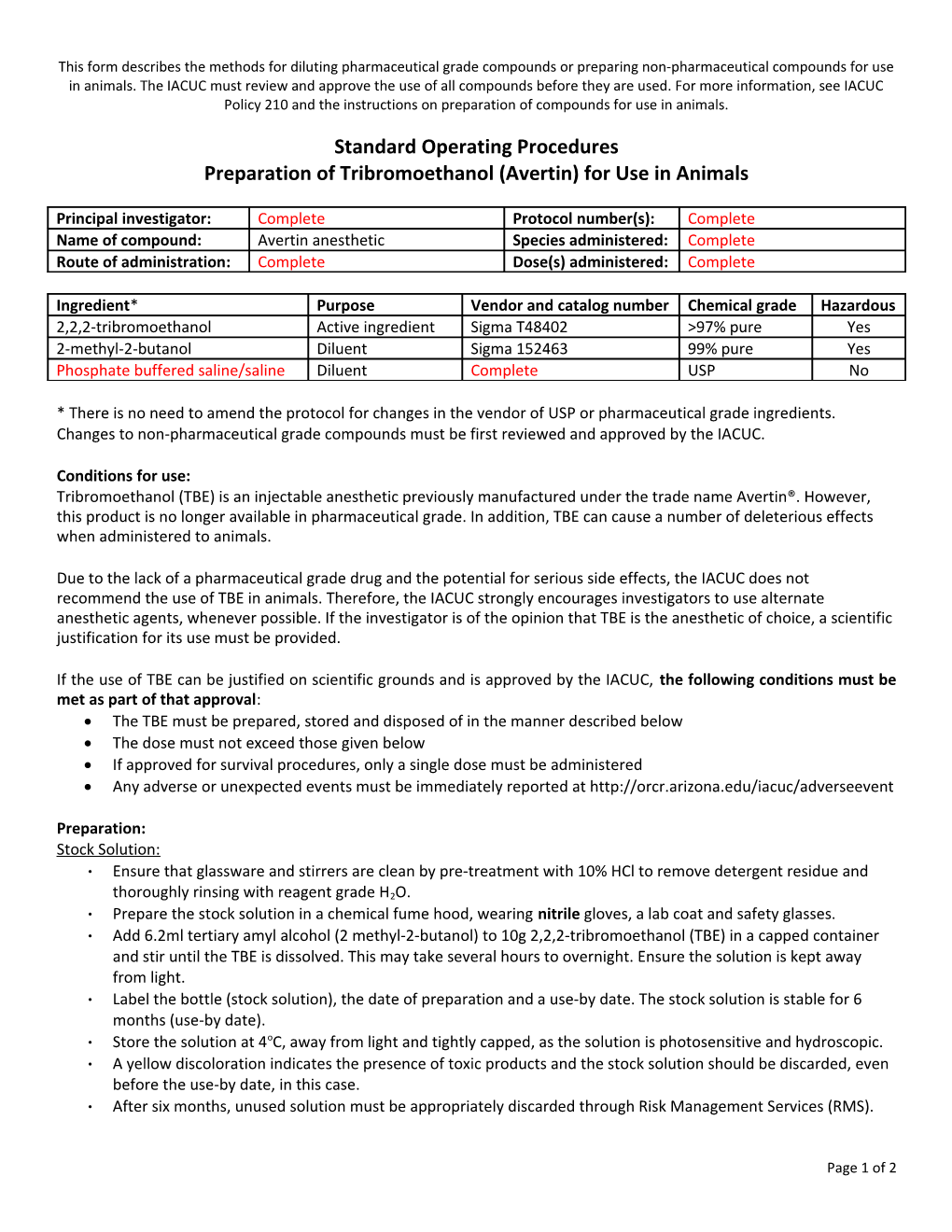 Preparation of Tribromoethanol (Avertin) for Use in Animals