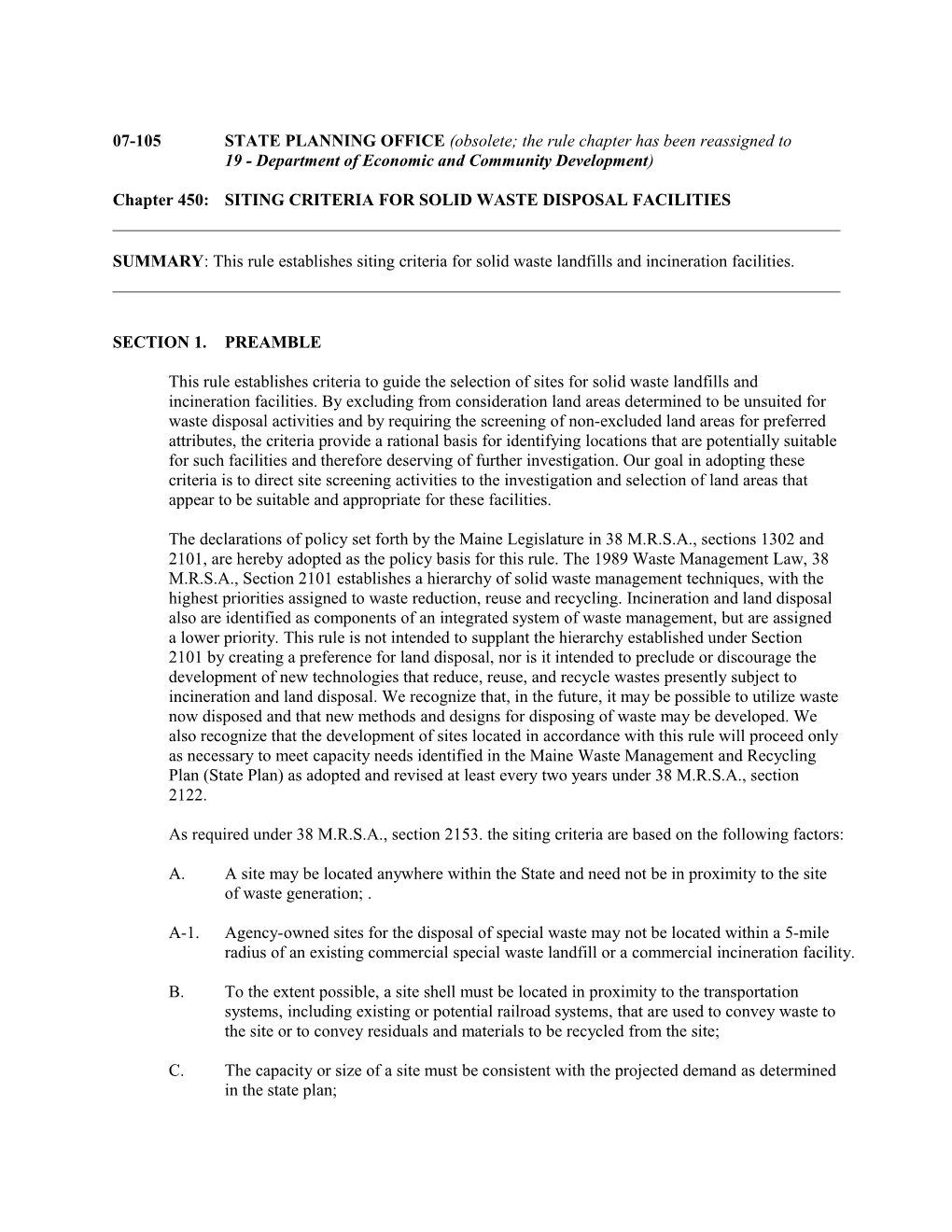 Chapter 450: SITING CRITERIA for SOLID WASTE DISPOSAL FACILITIES