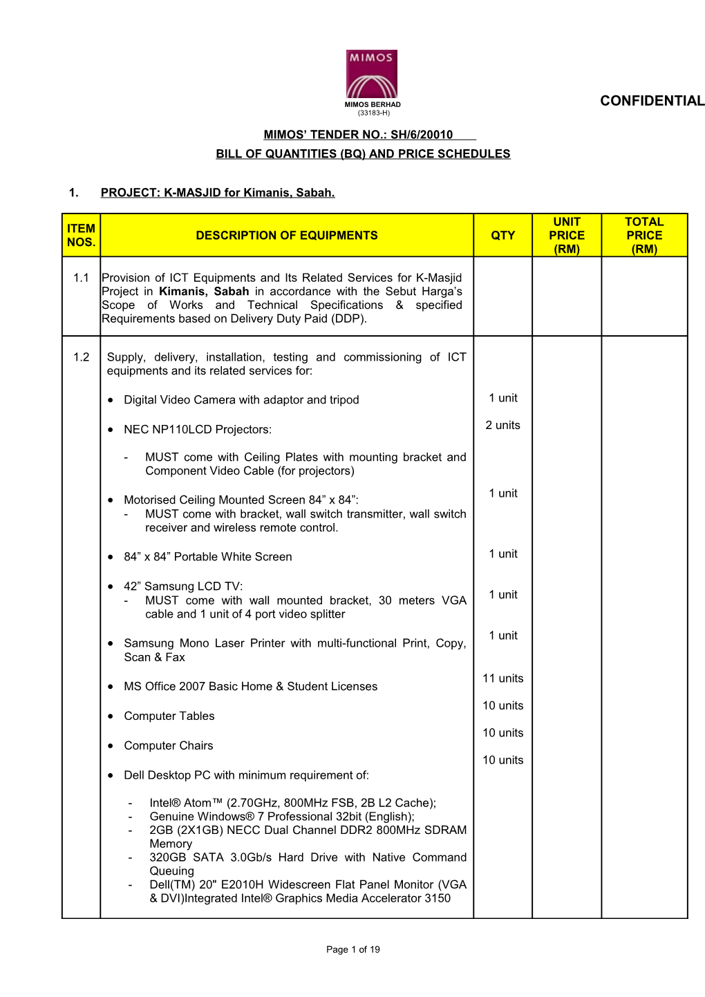 Bill of Quantities and Price Schedules