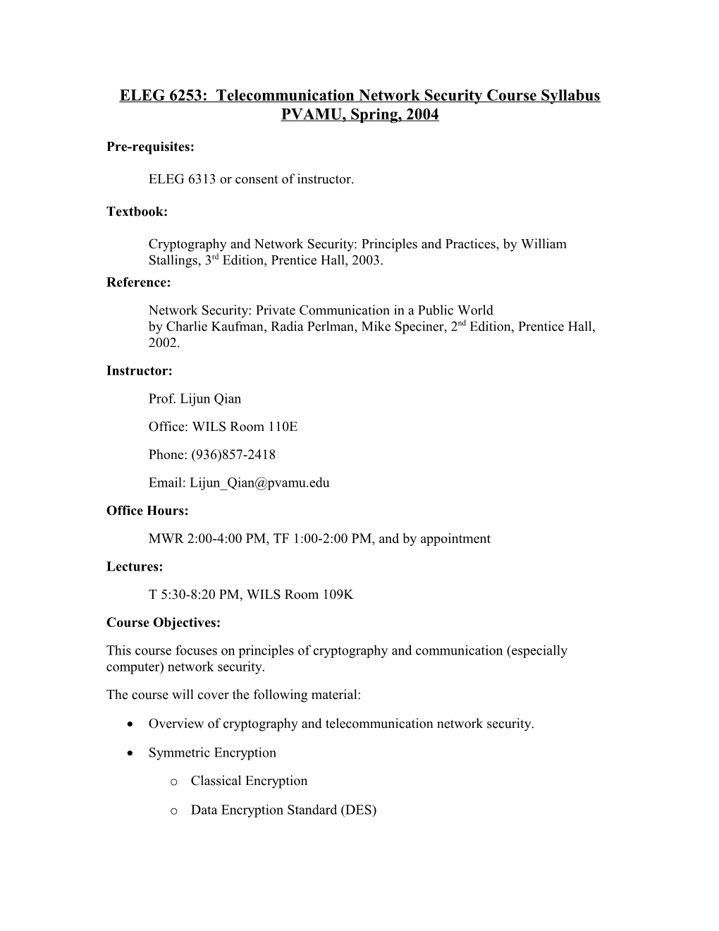 ELEG 6253: Telecommunication Network Security Course Syllabus