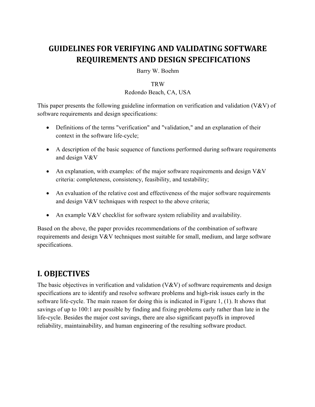 Guidelines for Verifying and Validating Software Requirements and Design Specifications