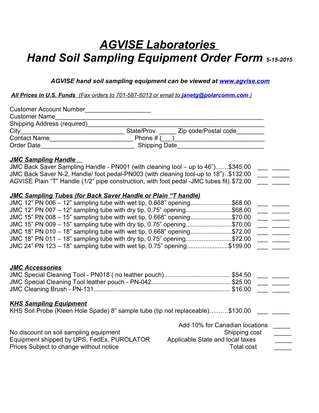 Hand Soil Sampling Equipment Order Form 5-15-2015