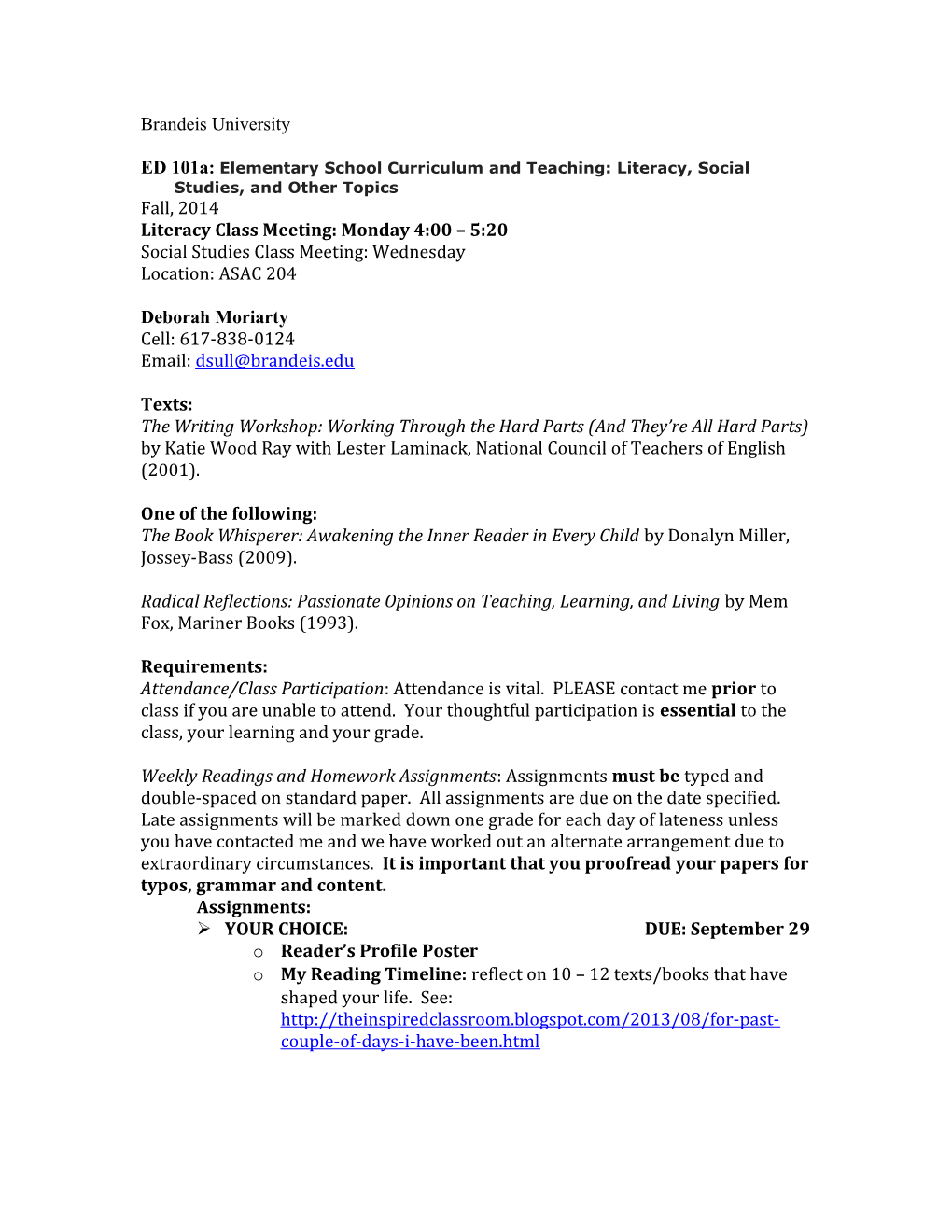 ED 101A: Elementary School Curriculum and Teaching: Literacy, Social Studies, and Other Topics