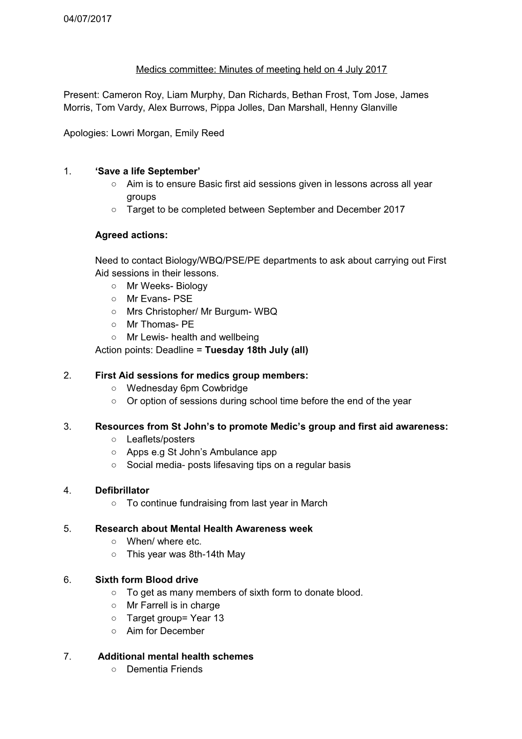 Medics Committee: Minutes of Meeting Held on 4 July 2017