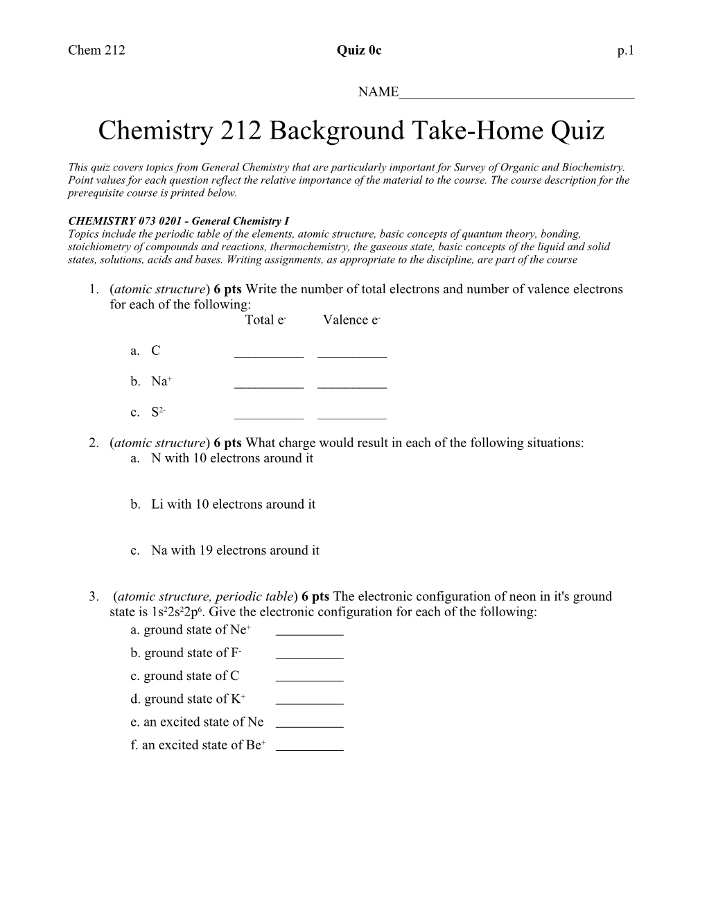 Chemistry 212 Background Take-Home Quiz