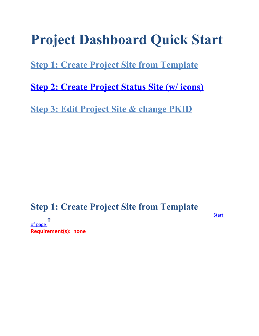 Project Dashboard Quick Start