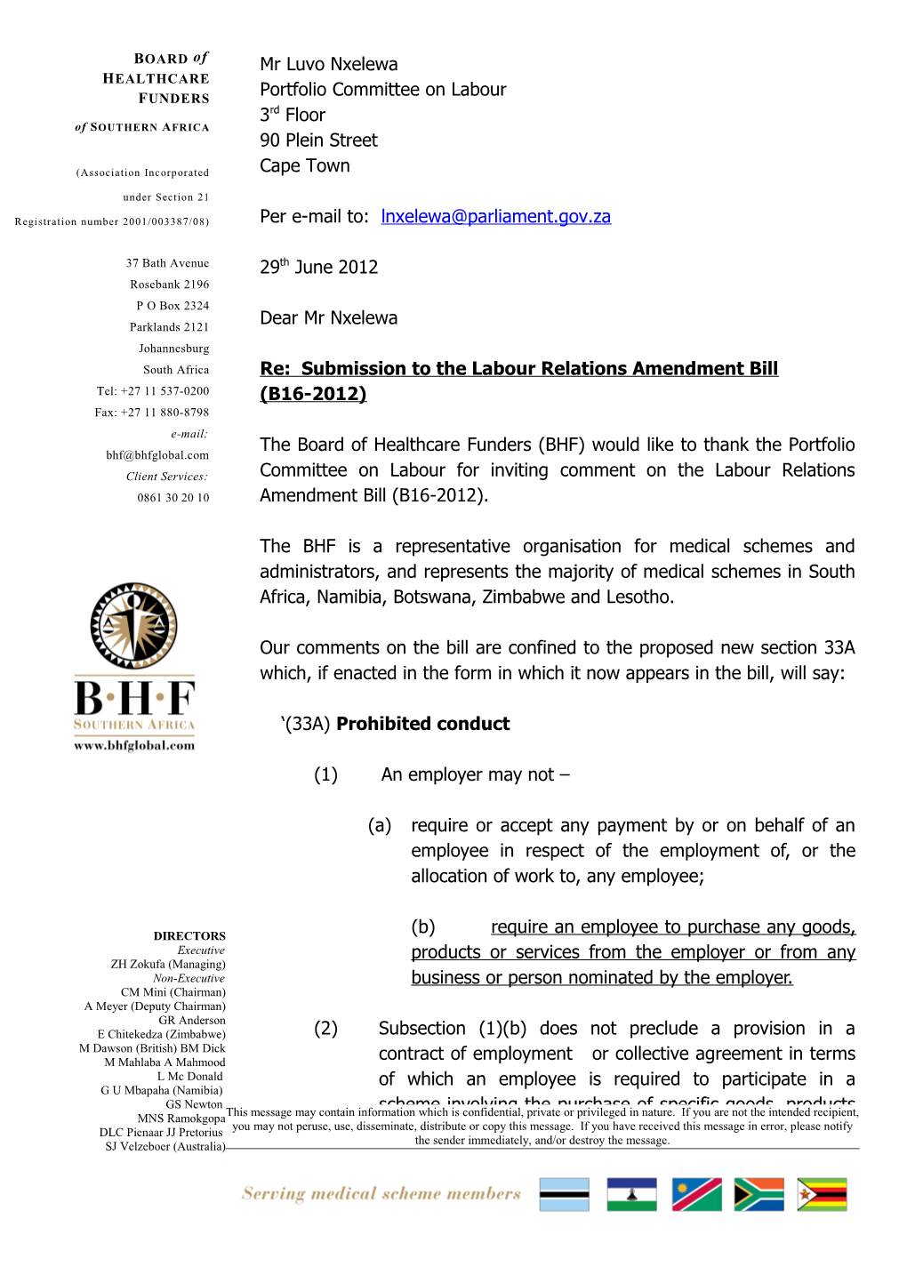 Re: Submission to the Labour Relations Amendment Bill