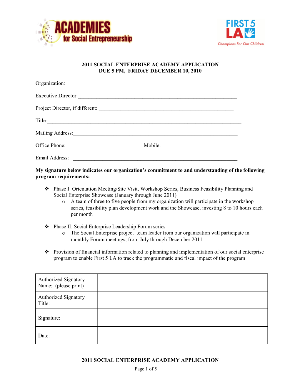 2011 Social Enterprise Academy Application