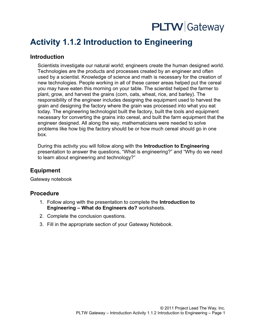 Activity 1.1.2 Introduction to Engineering