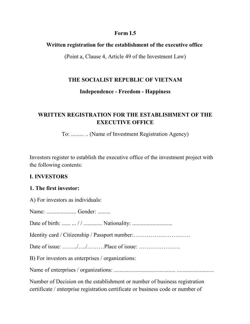 Written Registration for the Establishment of the Executive Office