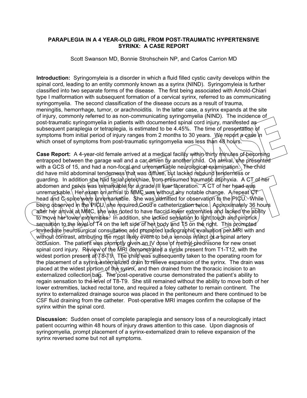 Paraplegia in a 4 Year-Old Girl from Post-Traumatic Hypertensive Syrinx: a Case Report