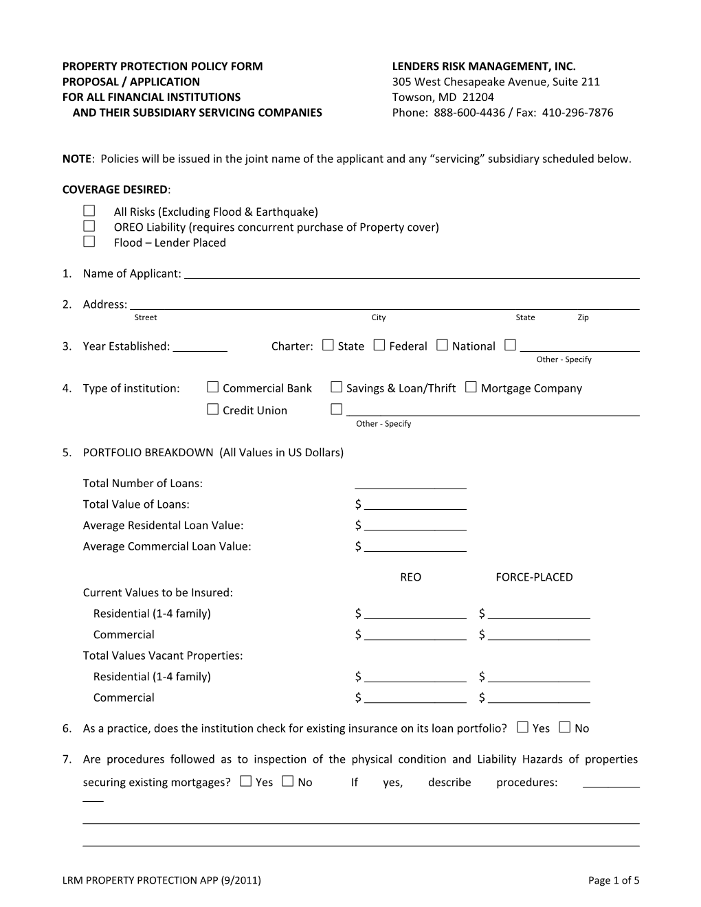 Proposal Form for Property Protection Policy Form