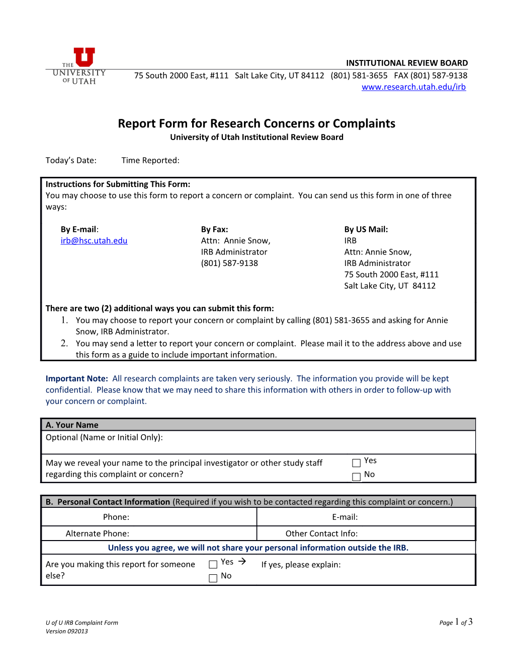 Reporting Form for Research