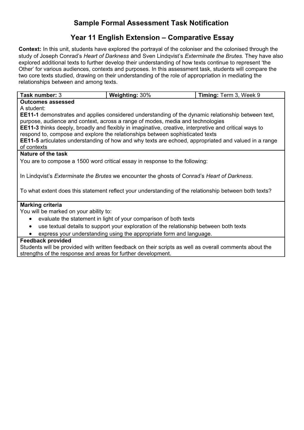 Stage 6 English Extension Year 11 Sample Assessment Task - Comparative Essay