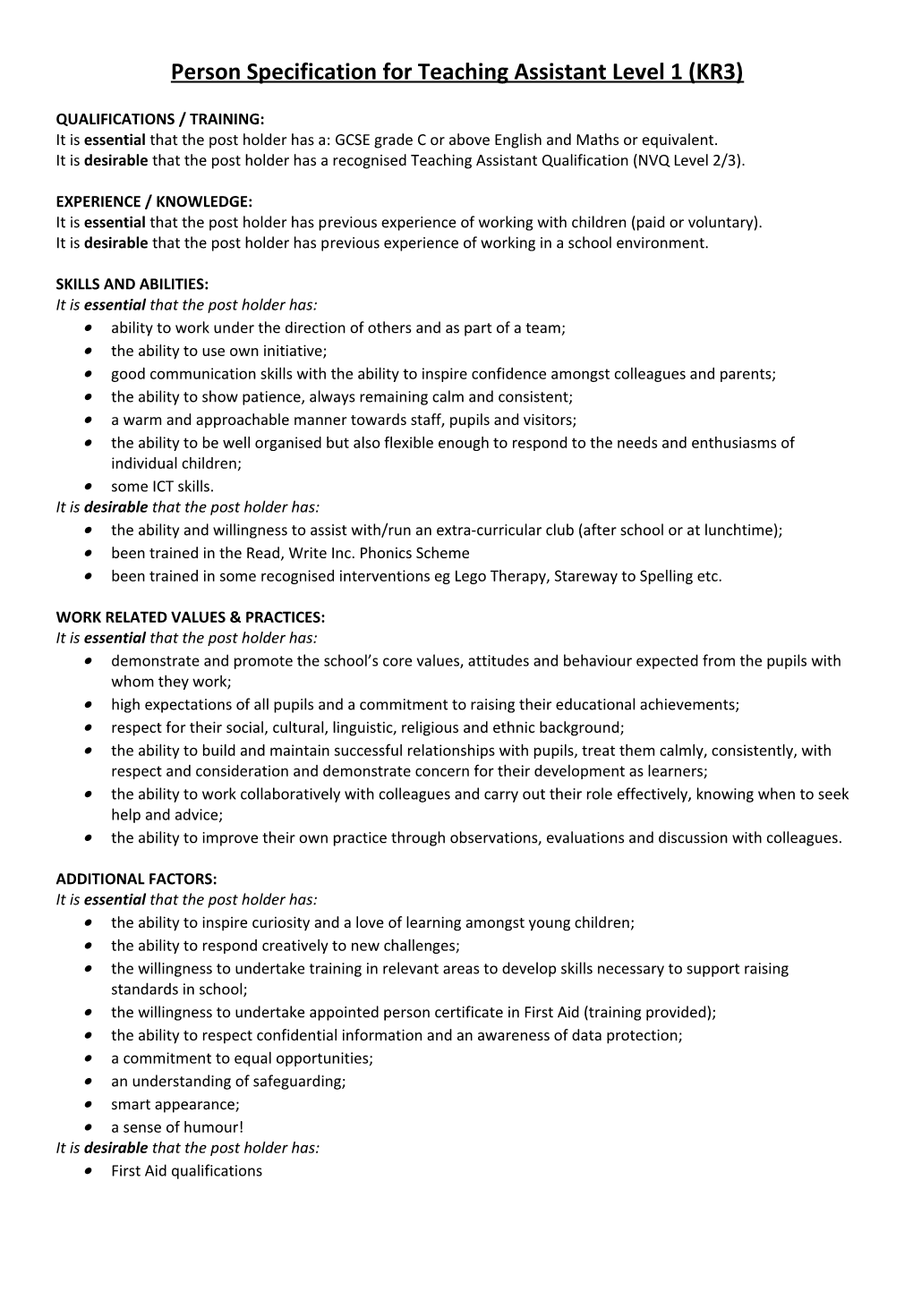 Person Specification for Teaching Assistant Level 1 (KR3)