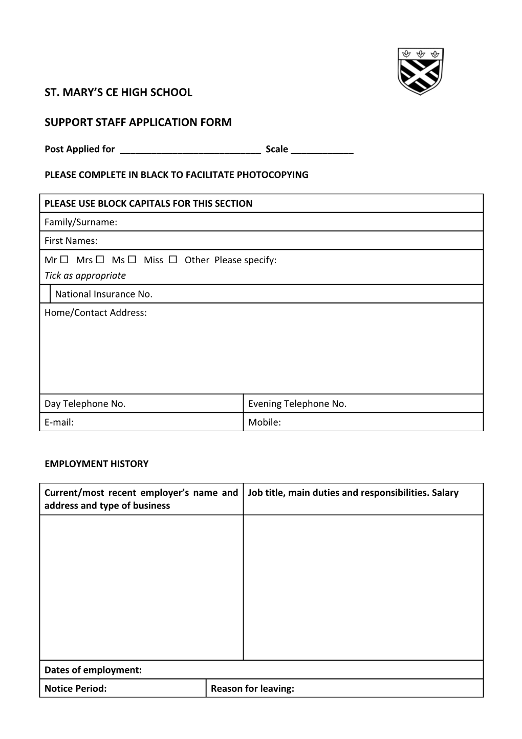 Support Staff Application Form