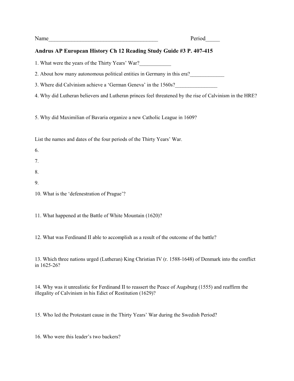 Andrus AP European History Ch 12 Reading Study Guide #3P. 407-415