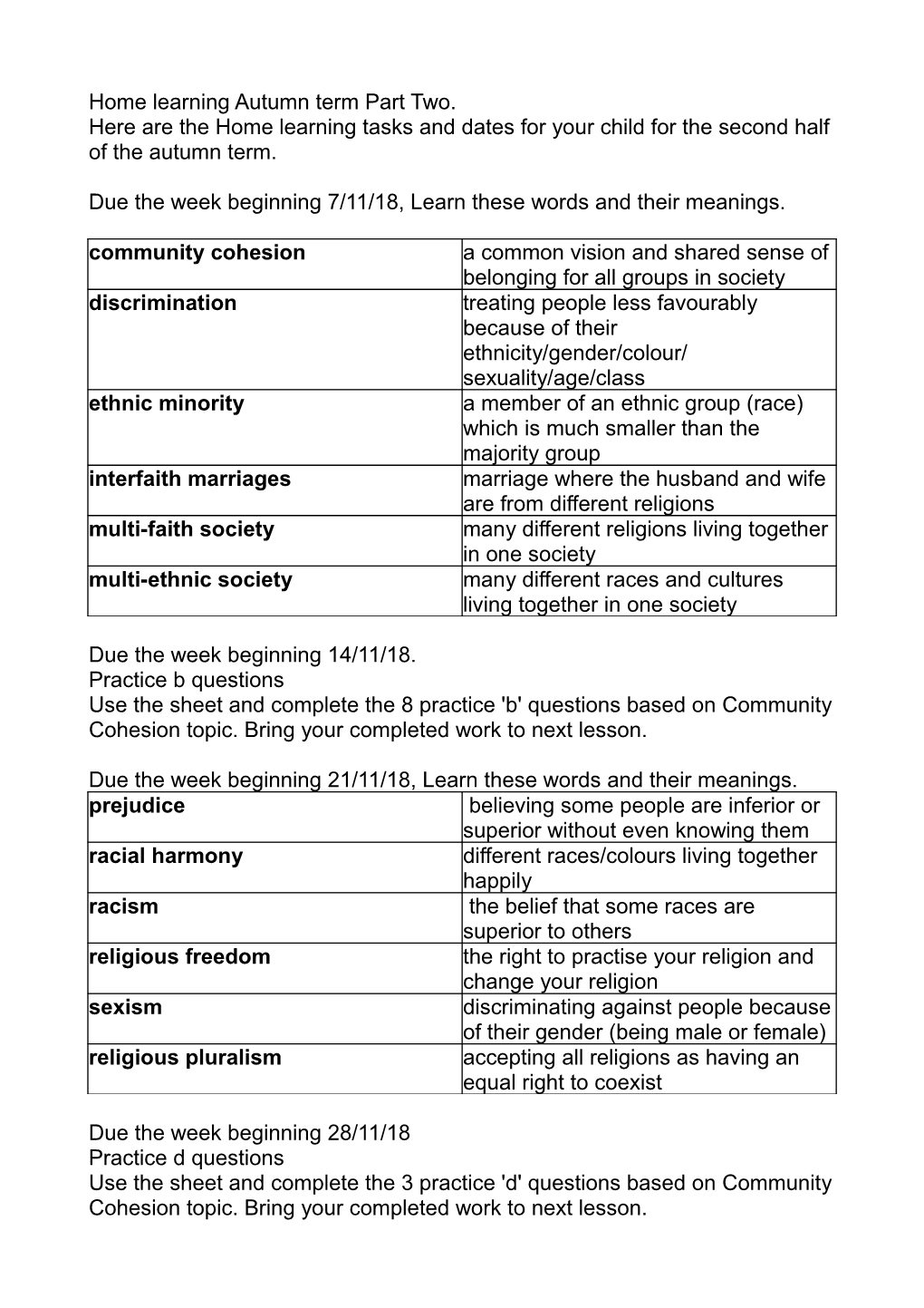 Home Learning Autumn Term Part Two