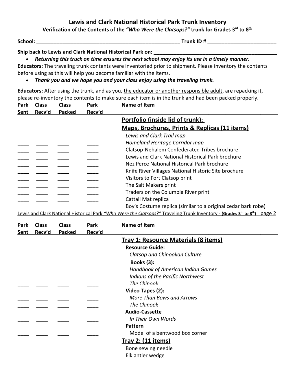 Lewis and Clark National Historical Park Trunk Inventory s1