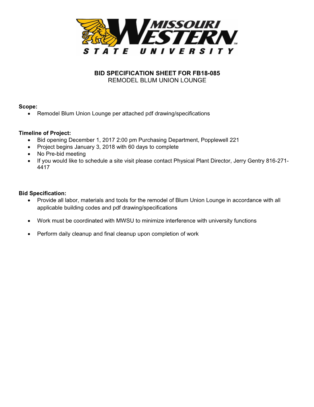 Bid Specification Sheet for Fb18-085