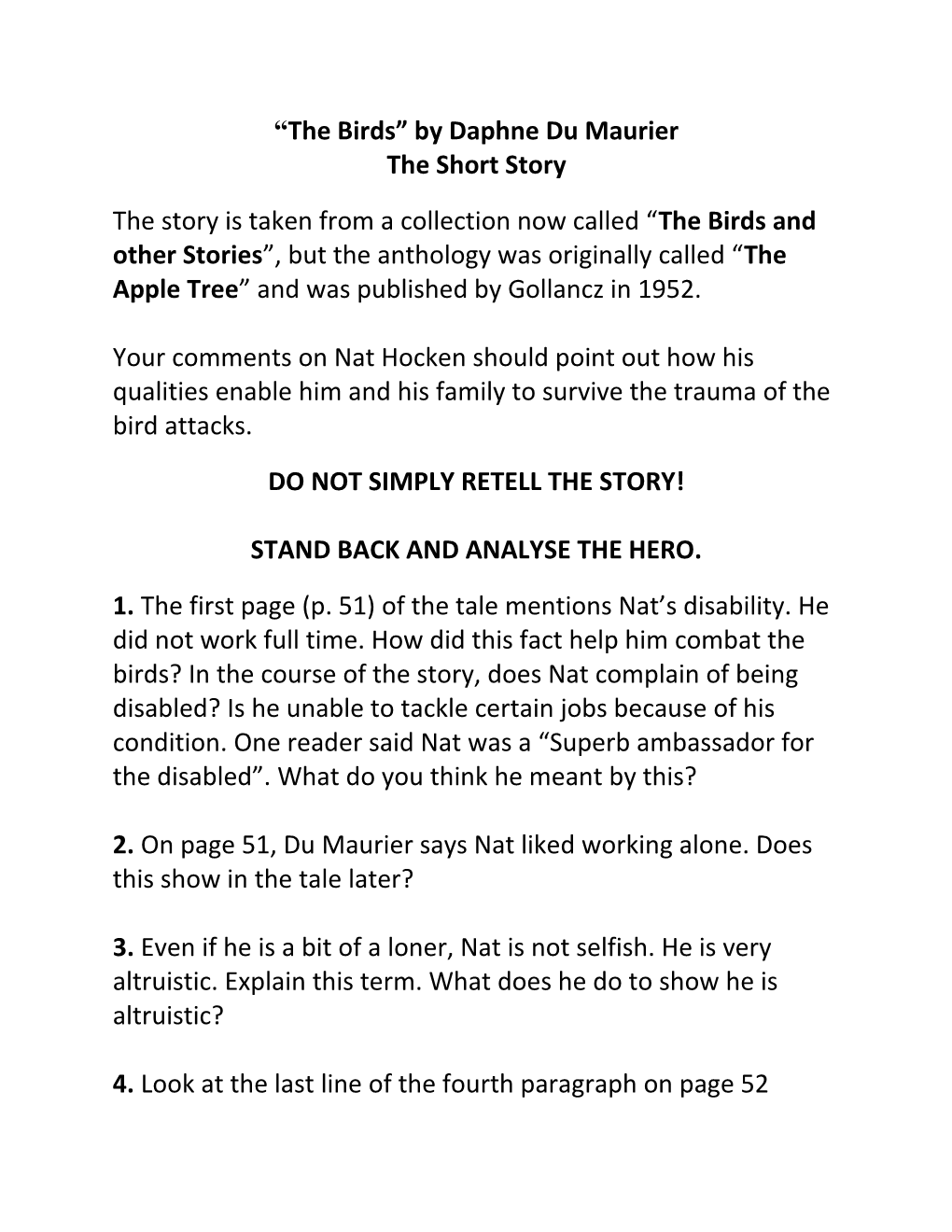 The Birds by Daphne Du Maurier the Short Story