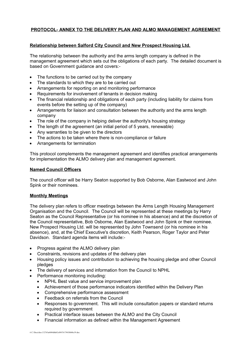 Protocol- Annex to the Delivery Plan and Almo Management Agreement