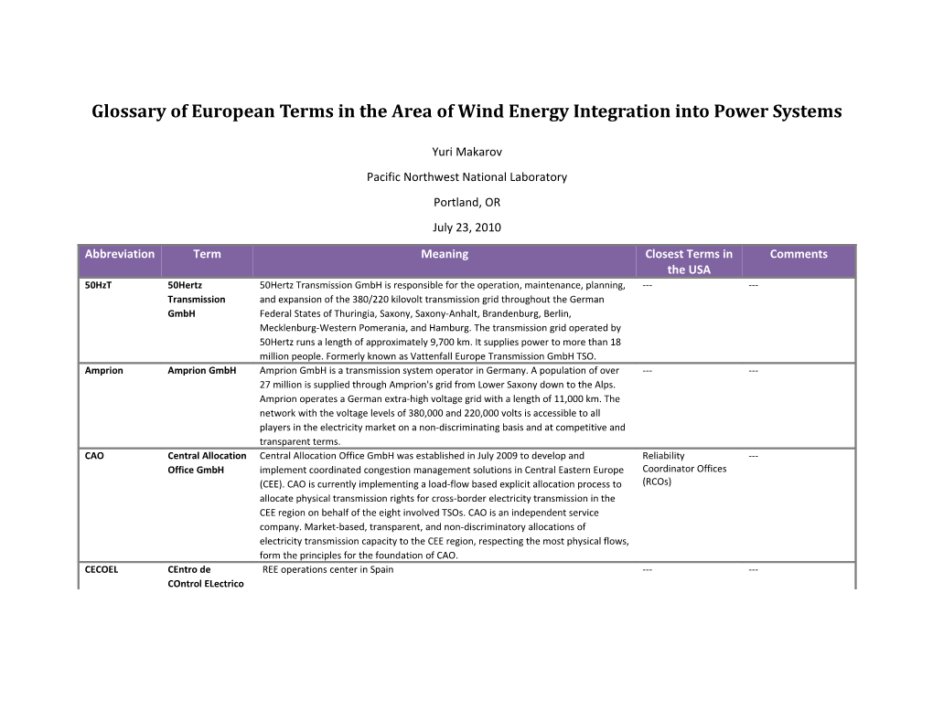 Glossary of European Terms in the Area of Wind Energy Integration Into Power Systems