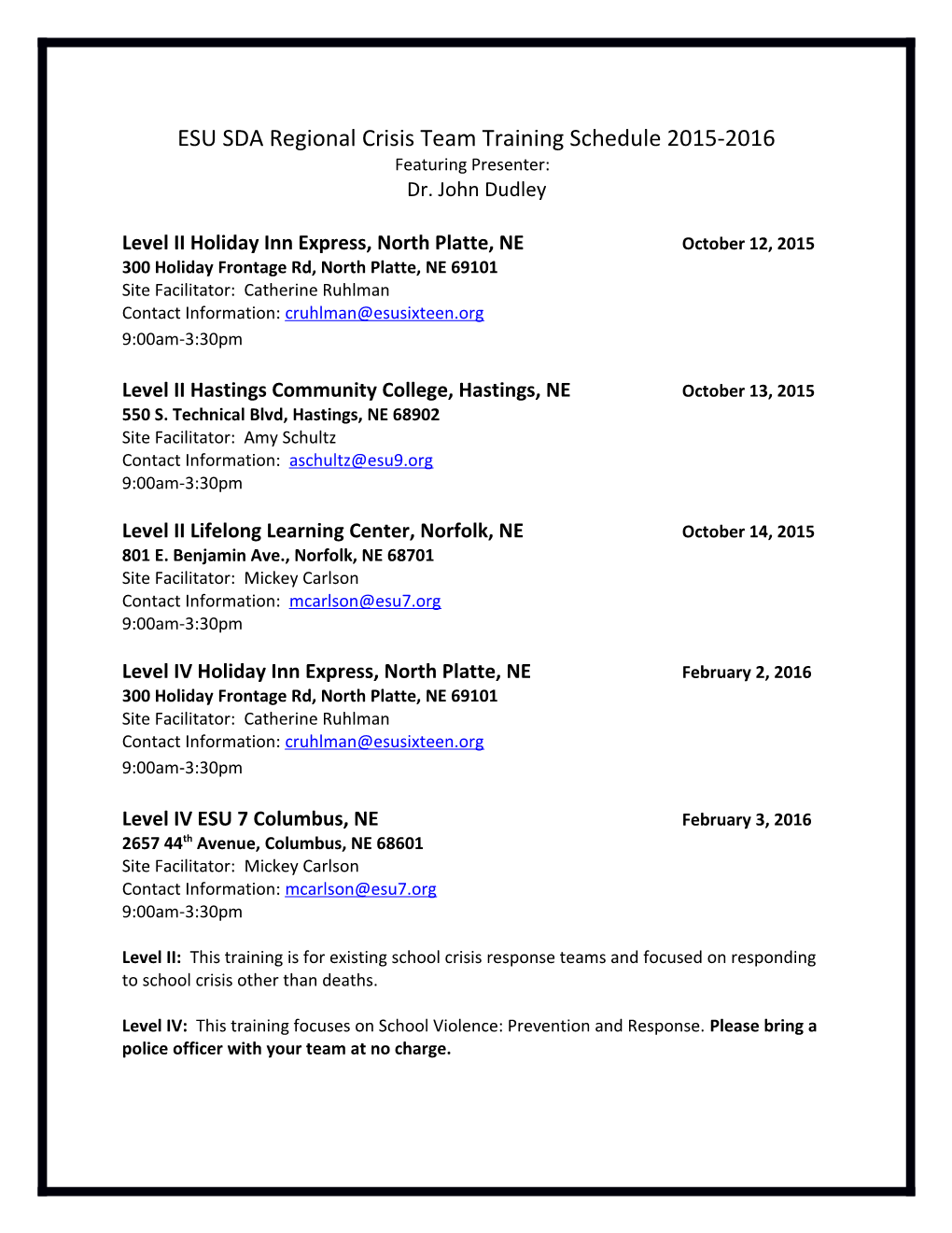 ESU SDA Regional Crisis Team Training Schedule 2015-2016