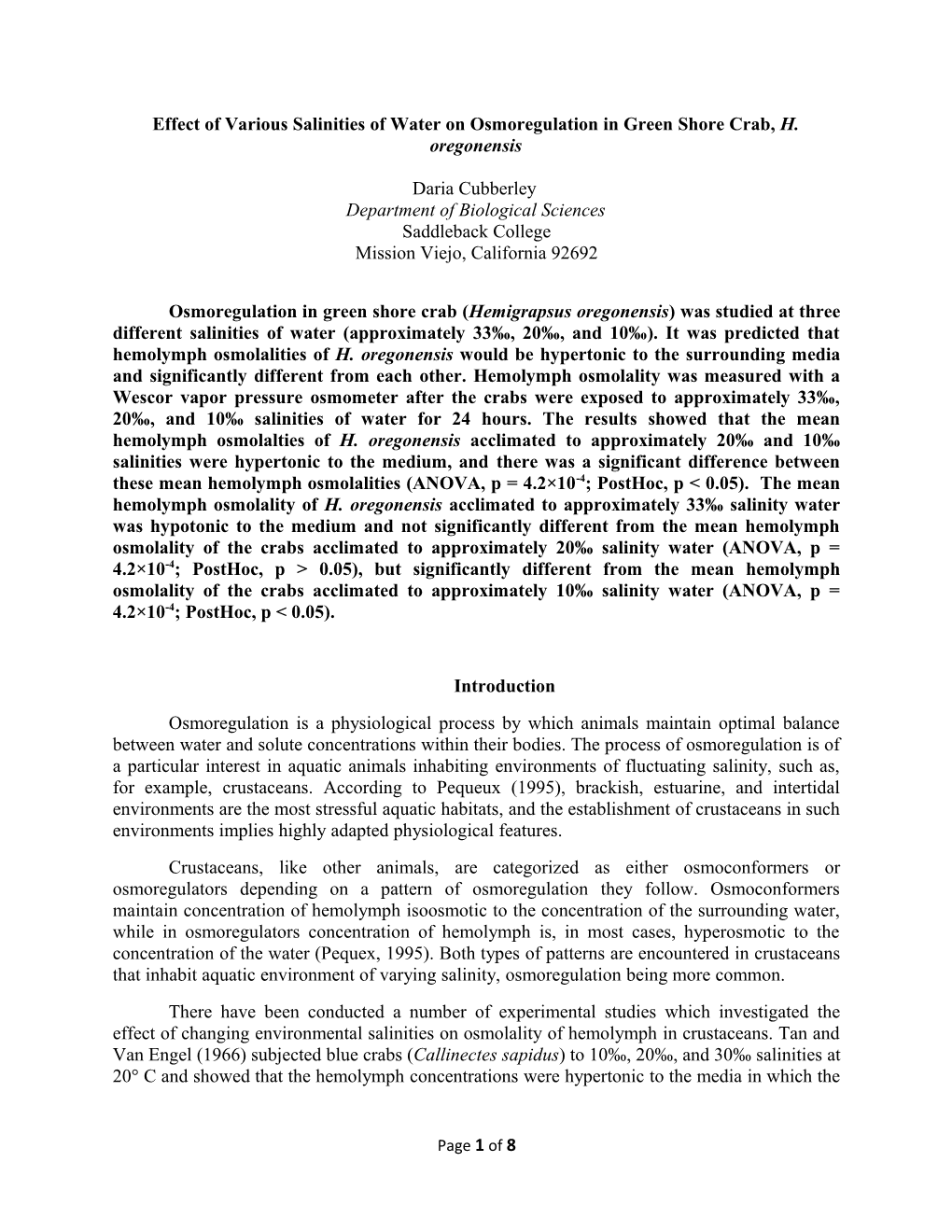 Effect of Various Salinities of Water on Osmoregulation in Green Shore Crab, H