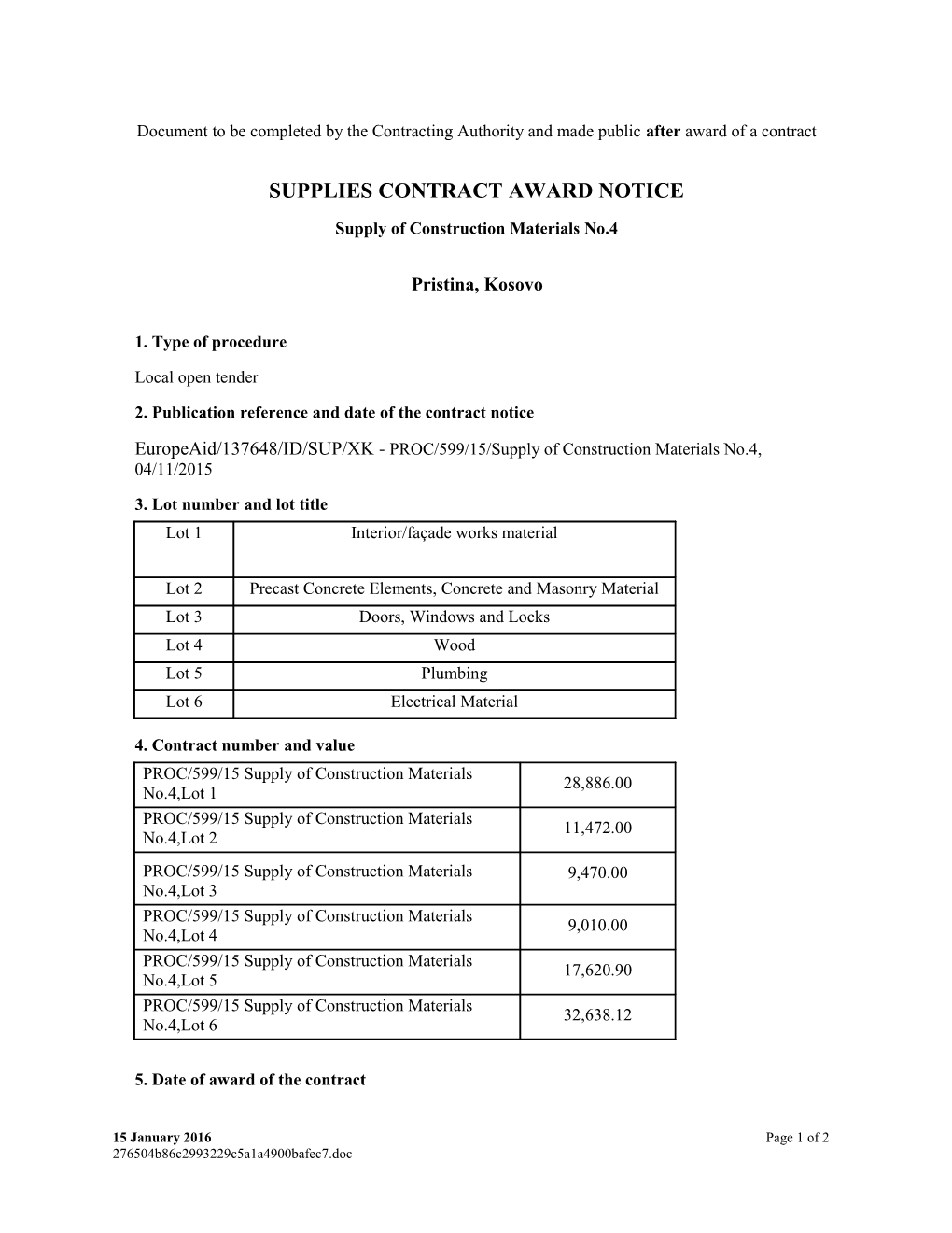 Supplies Contract Award Notice