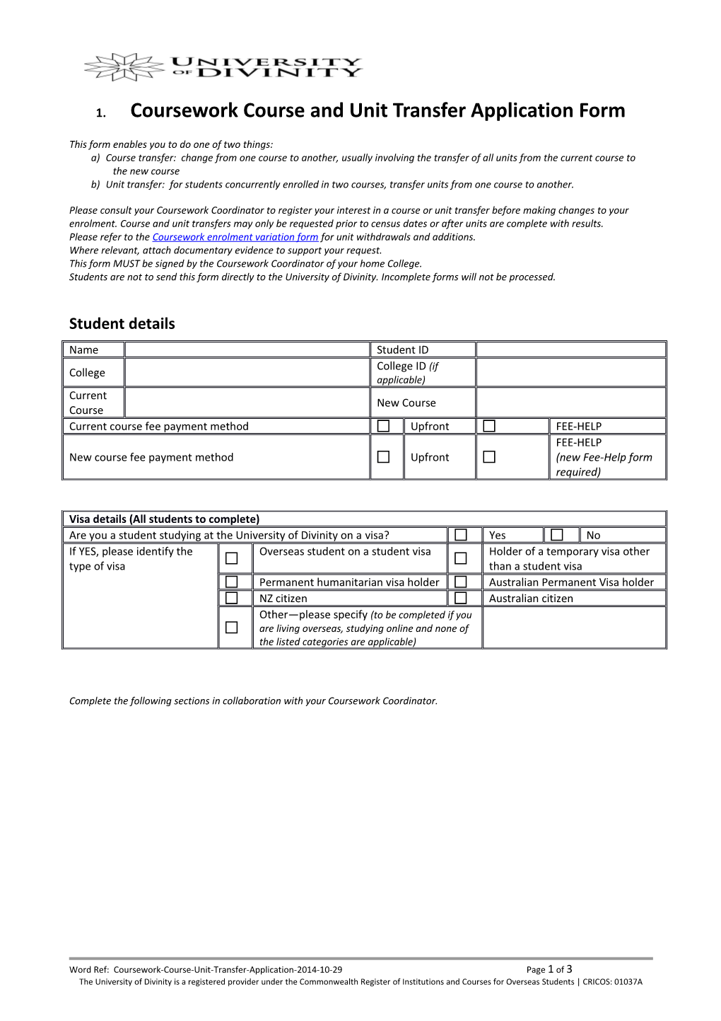 Coursework Course and Unit Transfer Application Form