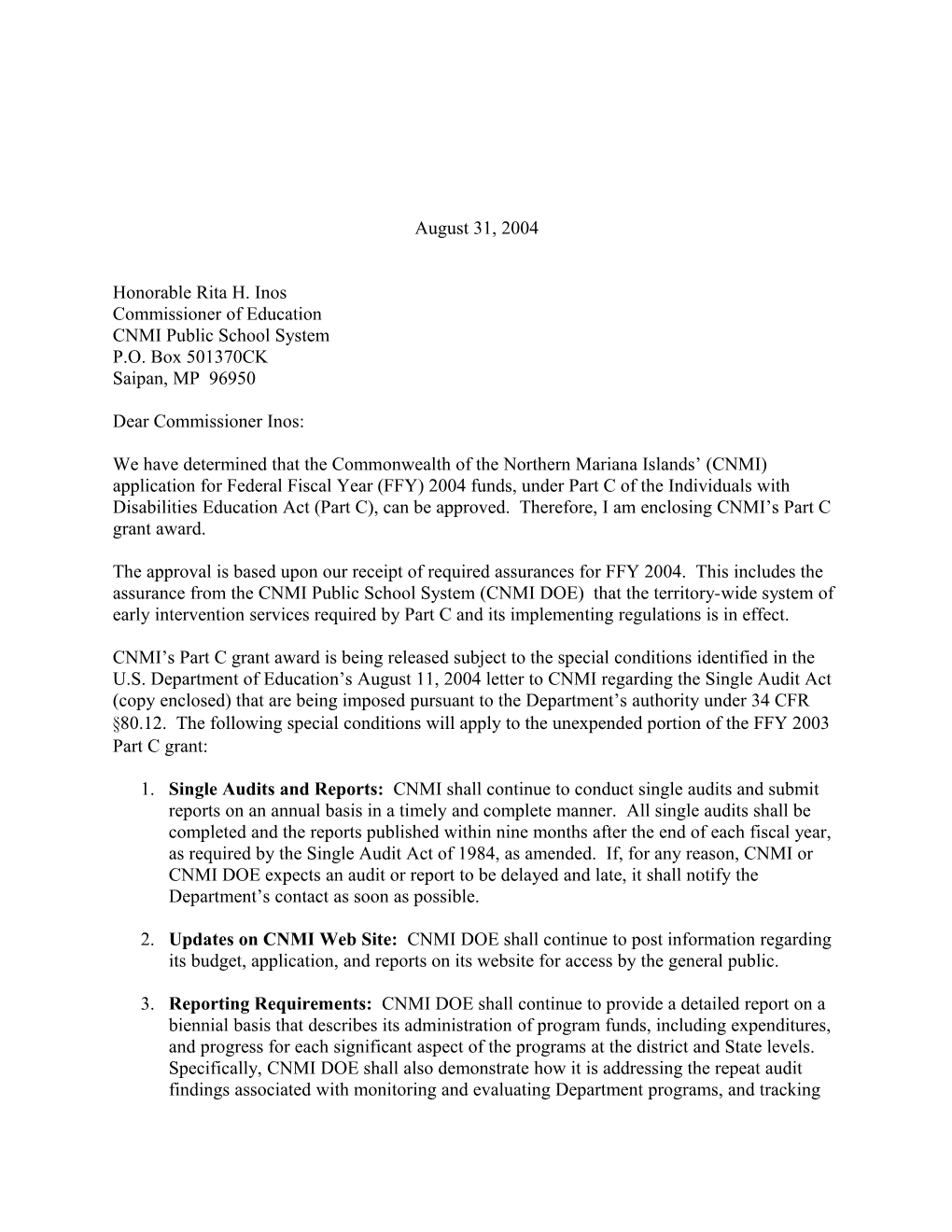 2004 Northern Mariana Islands Individuals with Disabilities Act (IDEA) Part C Grant Award