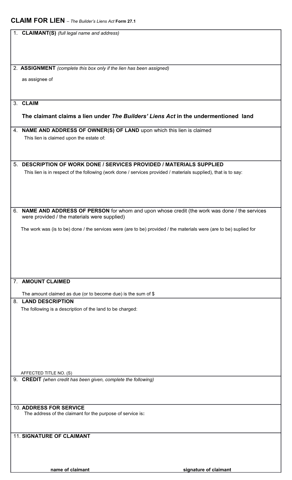 CLAIM for LIEN the Builder S Liens Actform27.1