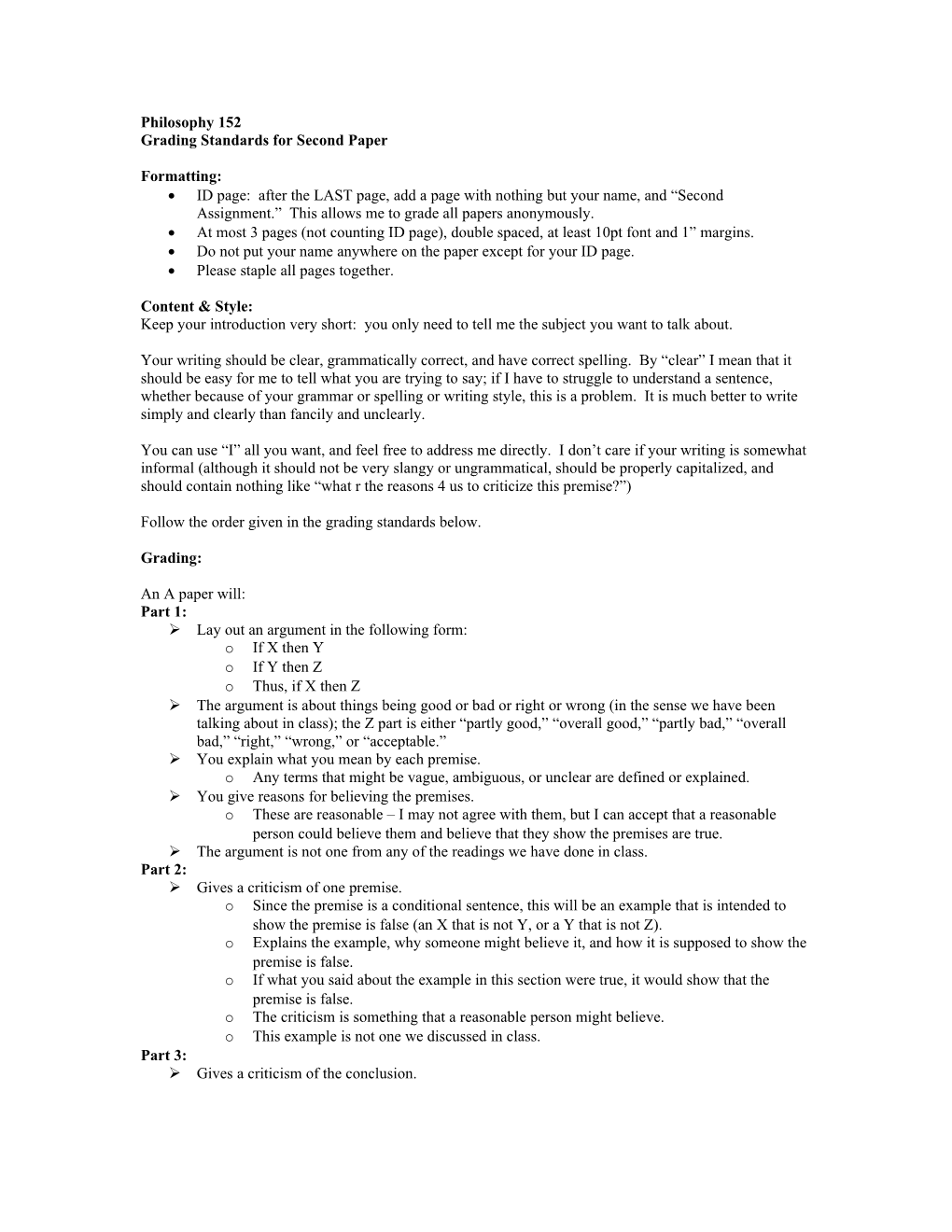 Grading Standards for Second Paper