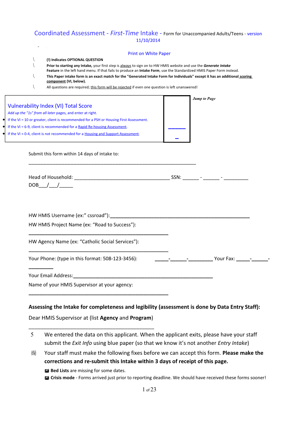 HPRP HMIS Data Collection: INTAKE FORM